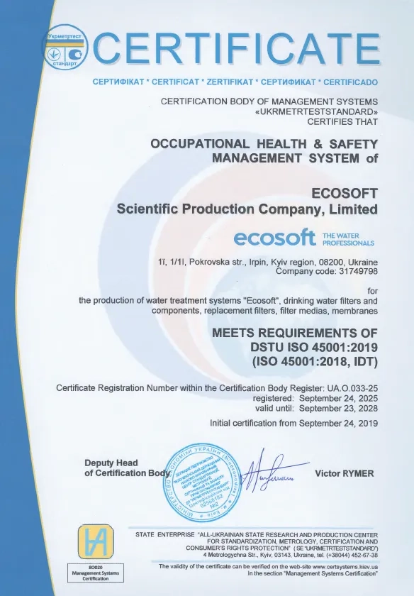 Certificates from Ecosoft, the European manufacturer of water